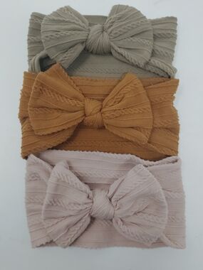 Knotted Bow Girls Headband Trio in Taupe, Mustard & Blush, Stretch